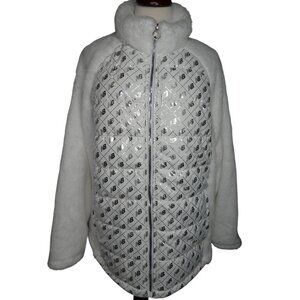 New Balance Women's Pile Faux Fur White Silver Logo‎ Jacket Size 2X